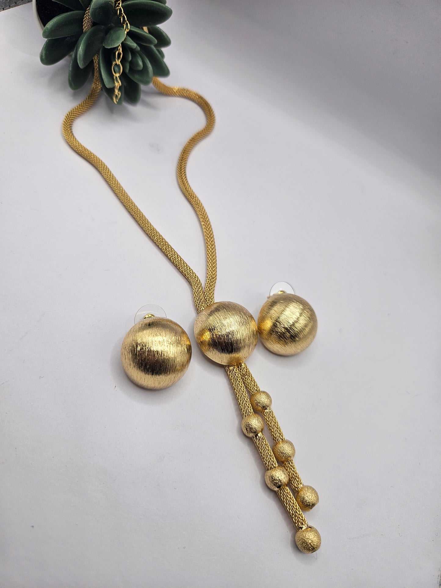 Brushed Gold Ball Pendant Necklace & Earrings Set – Modern Minimalist Design