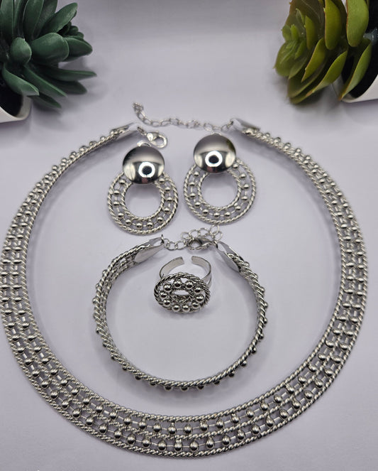 18k Gold-Plated Luxury Geometric Beaded Jewellery Set – Necklace, Bracelet, Earrings & Ring (Gold/Silver F