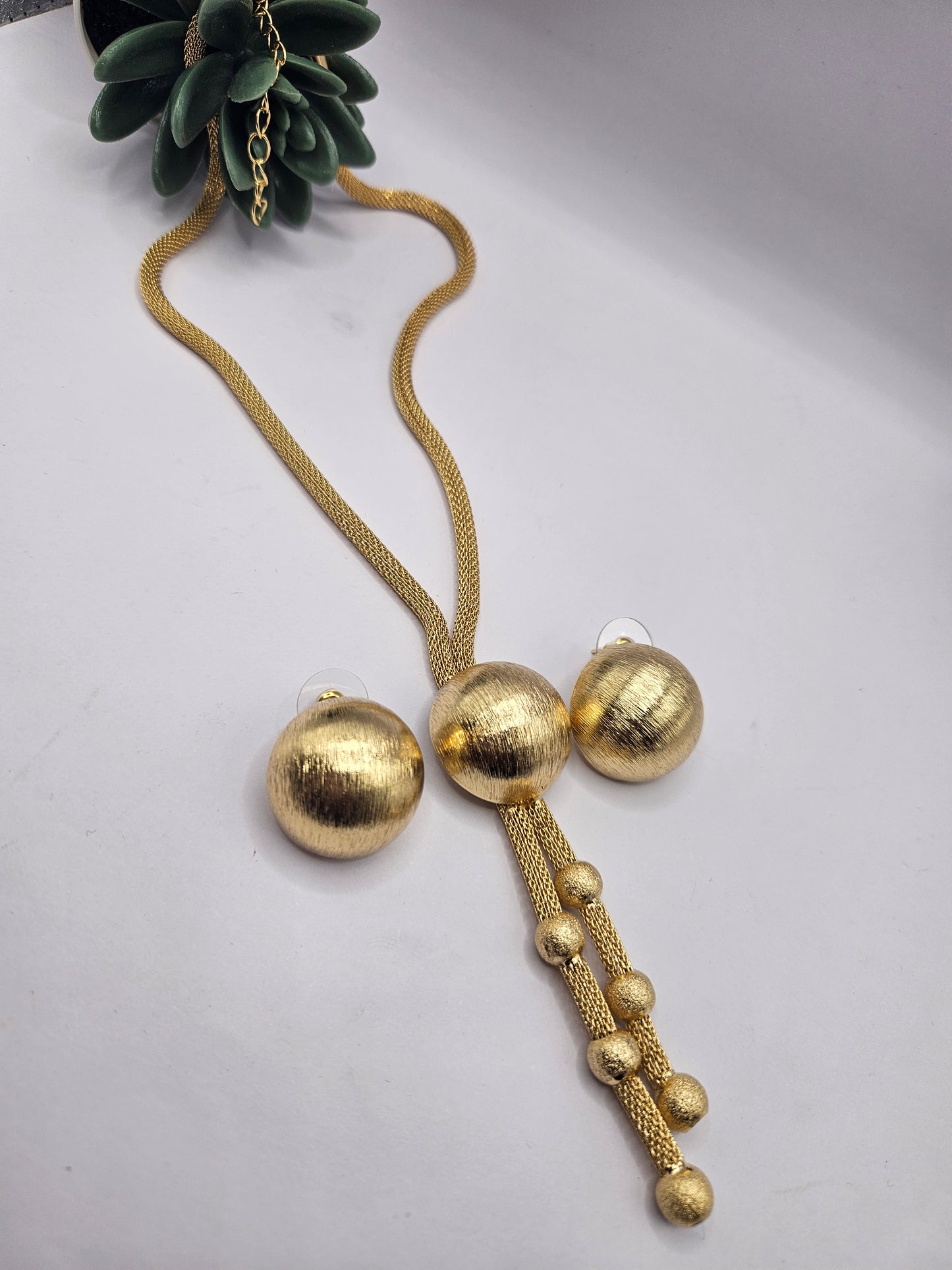 Brushed Gold Ball Pendant Necklace & Earrings Set – Modern Minimalist Design