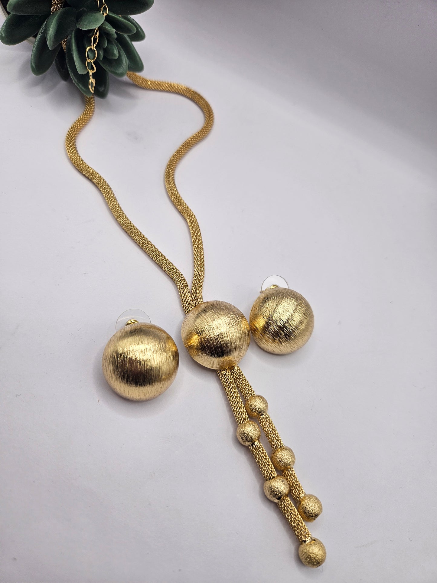 Brushed Gold Ball Pendant Necklace & Earrings Set – Modern Minimalist Design