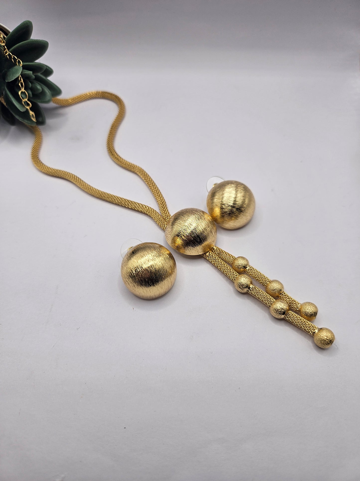 Brushed Gold Ball Pendant Necklace & Earrings Set – Modern Minimalist Design