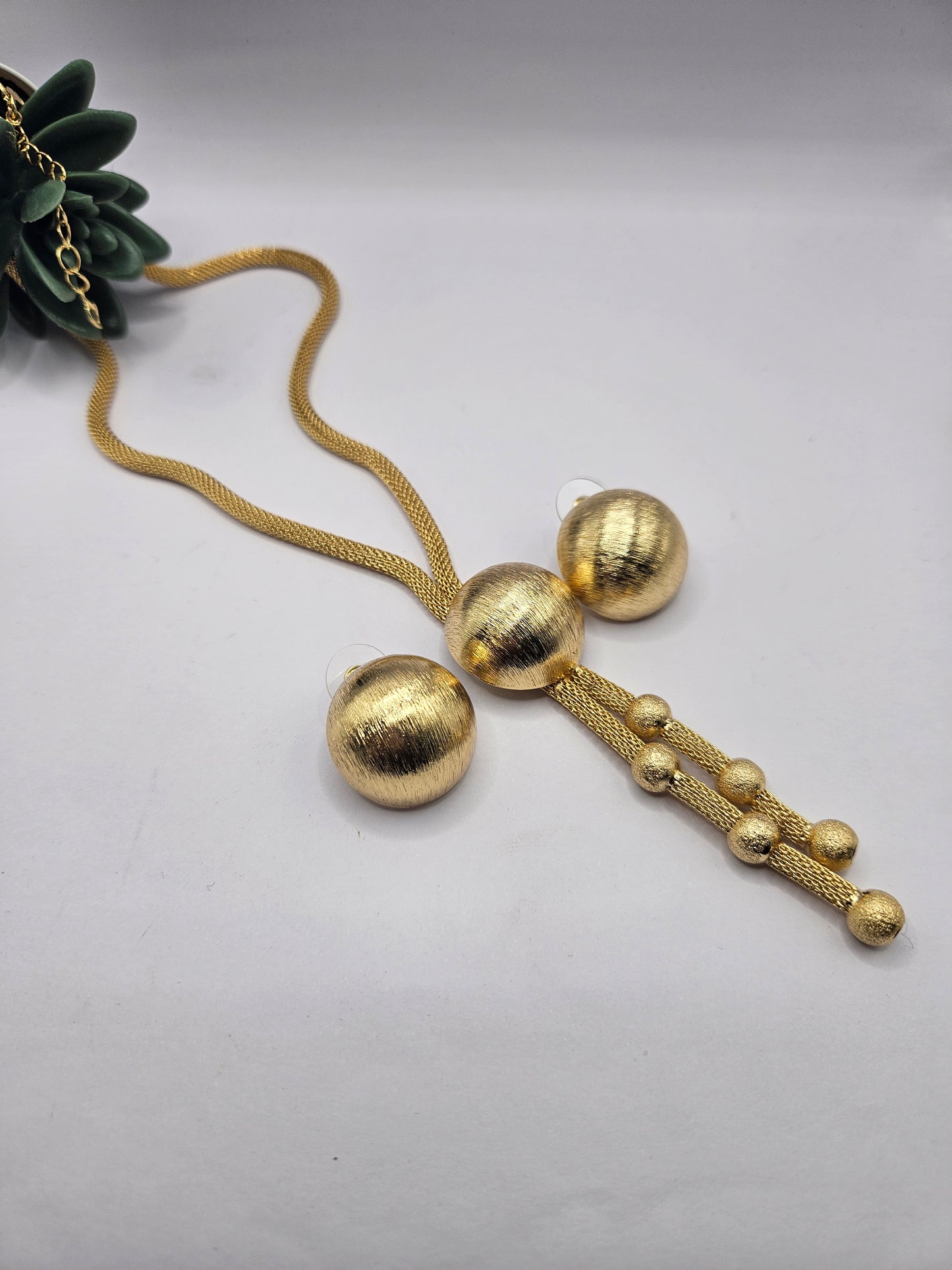 Brushed Gold Ball Pendant Necklace & Earrings Set – Modern Minimalist Design