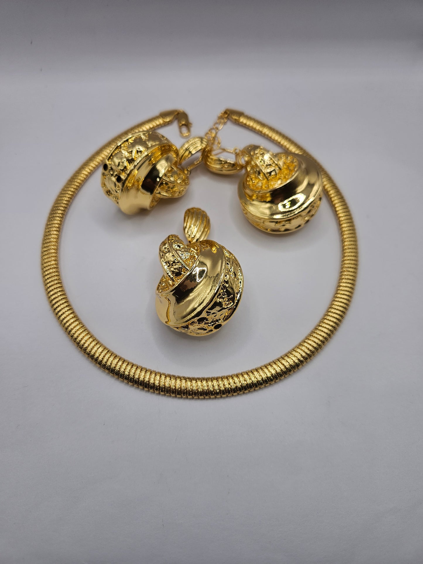 Gold-Plated Statement Necklace & Earrings Set – Luxe Spiral Sphere Design