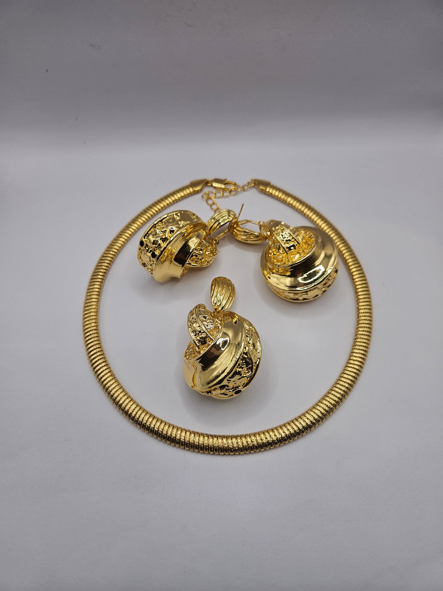 Gold-Plated Statement Necklace & Earrings Set – Luxe Spiral Sphere Design