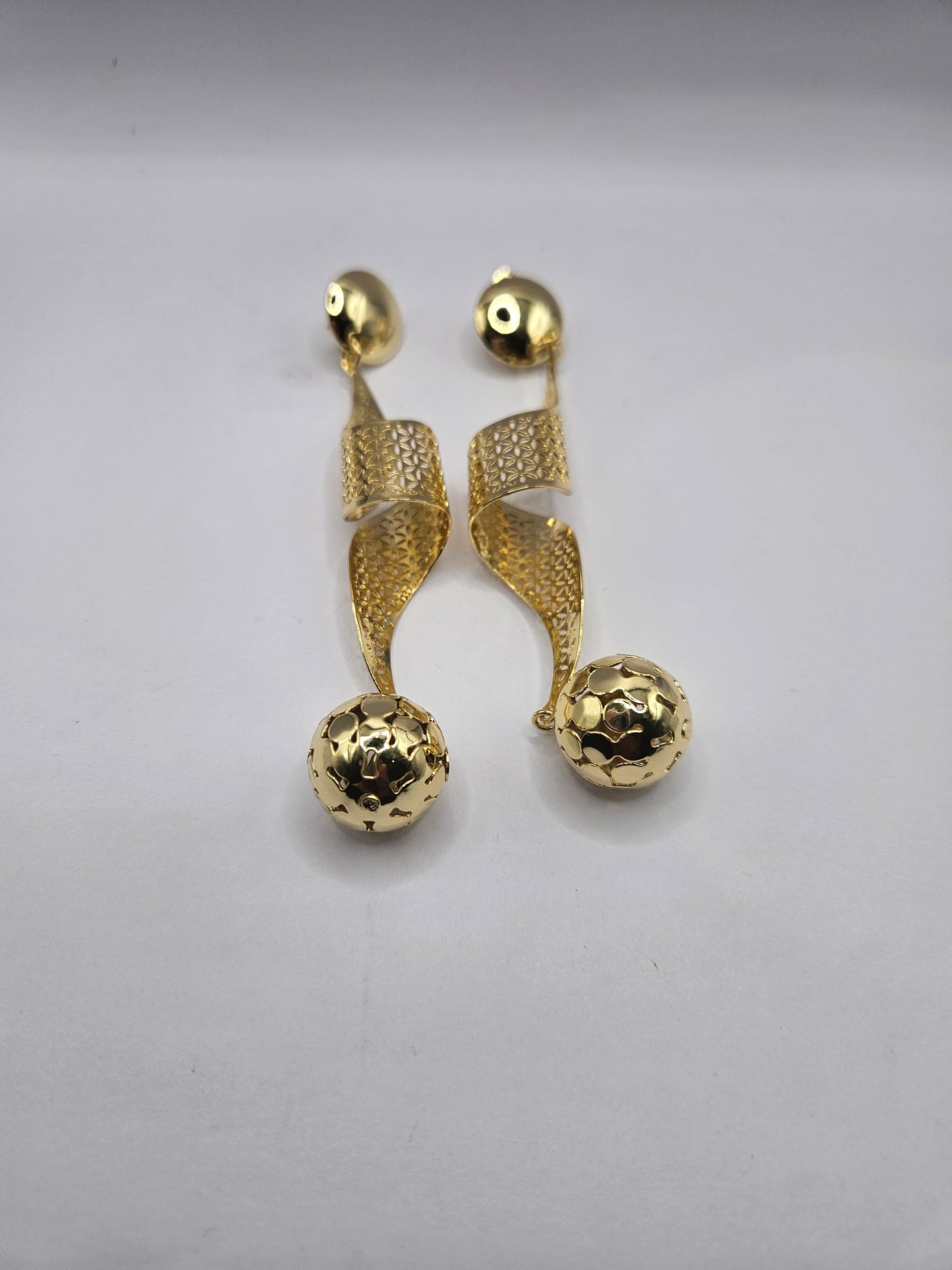 Gold-Plated Sculptural Drop Earrings – Geometric Bow & Sphere Design