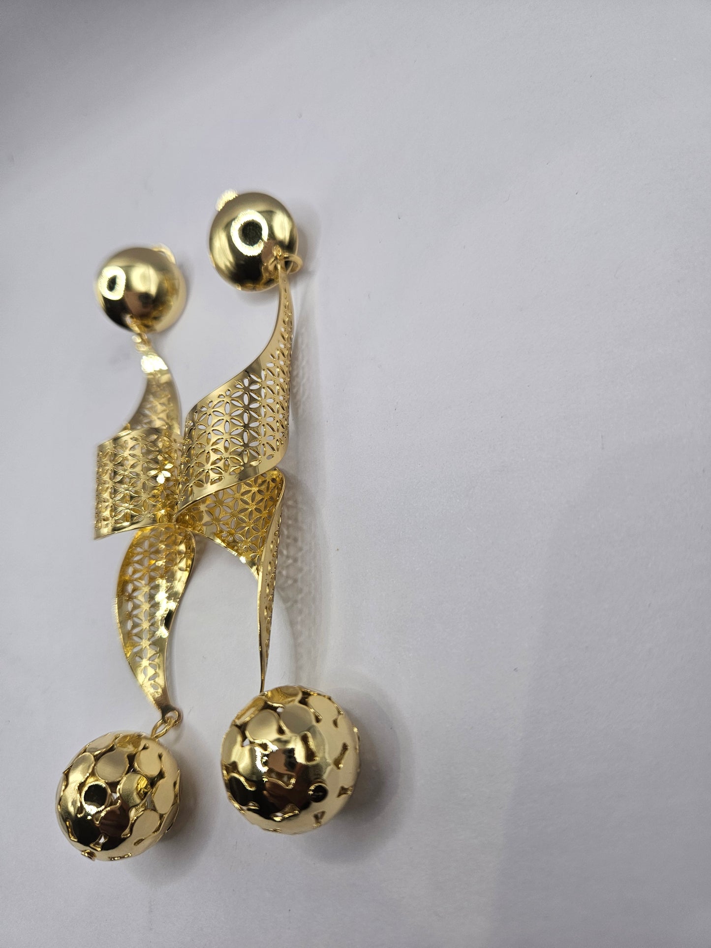 Gold-Plated Sculptural Drop Earrings – Geometric Bow & Sphere Design