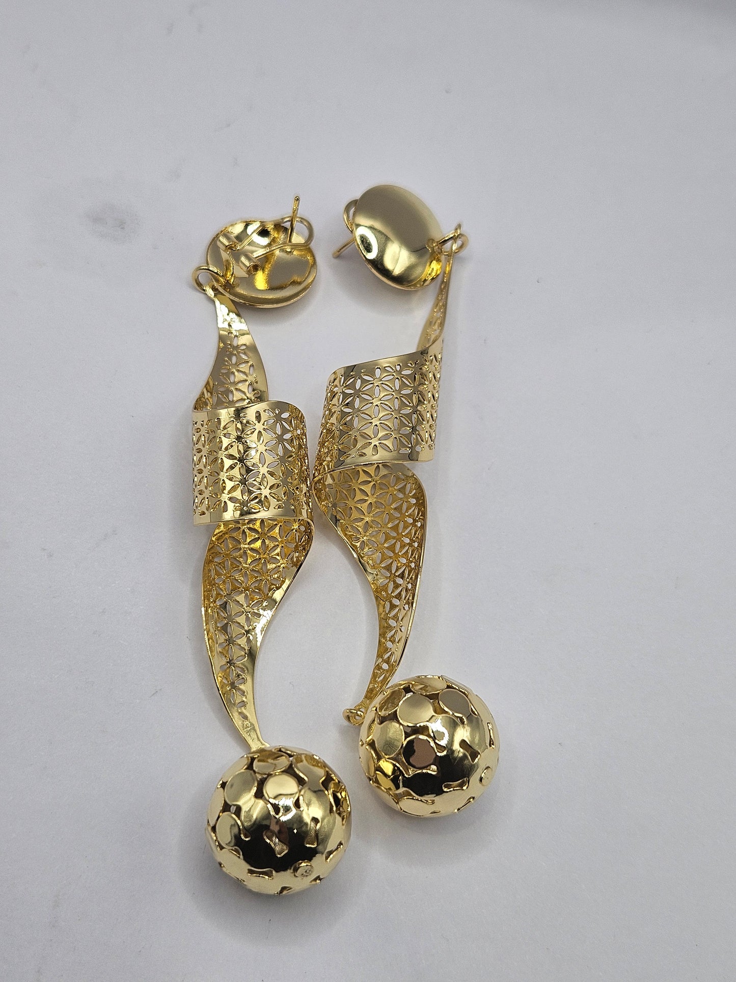 Gold-Plated Sculptural Drop Earrings – Geometric Bow & Sphere Design