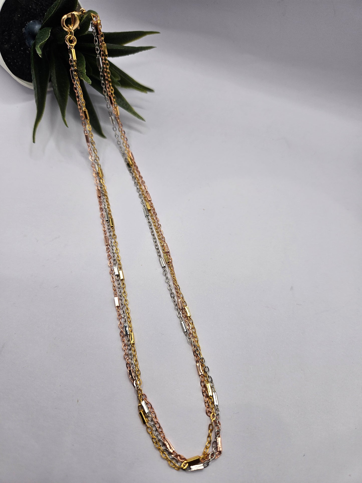 3 in 1, Tri-Tone Layered Chain Necklace – Gold, Silver & Rose Gold