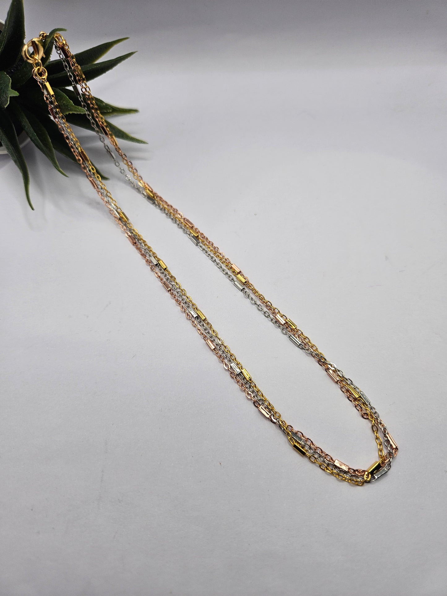 3 in 1, Tri-Tone Layered Chain Necklace – Gold, Silver & Rose Gold