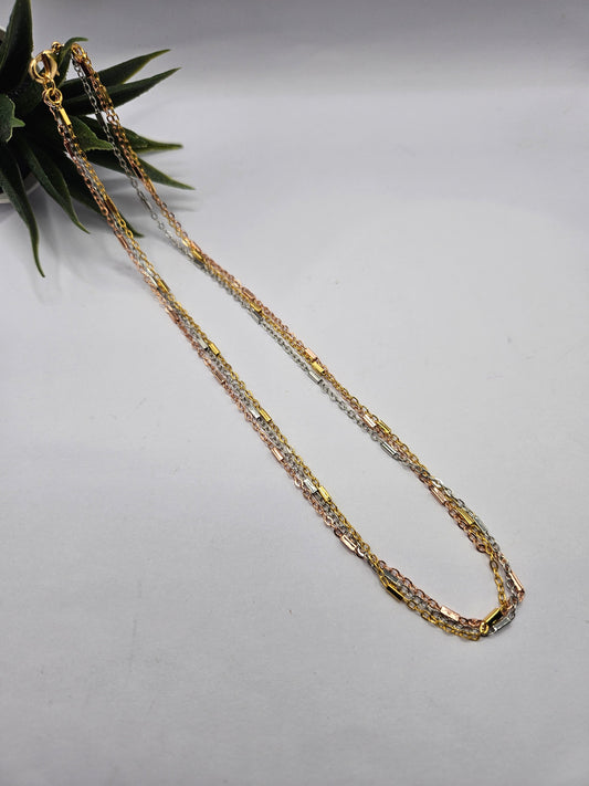 3 in 1, Tri-Tone Layered Chain Necklace – Gold, Silver & Rose Gold