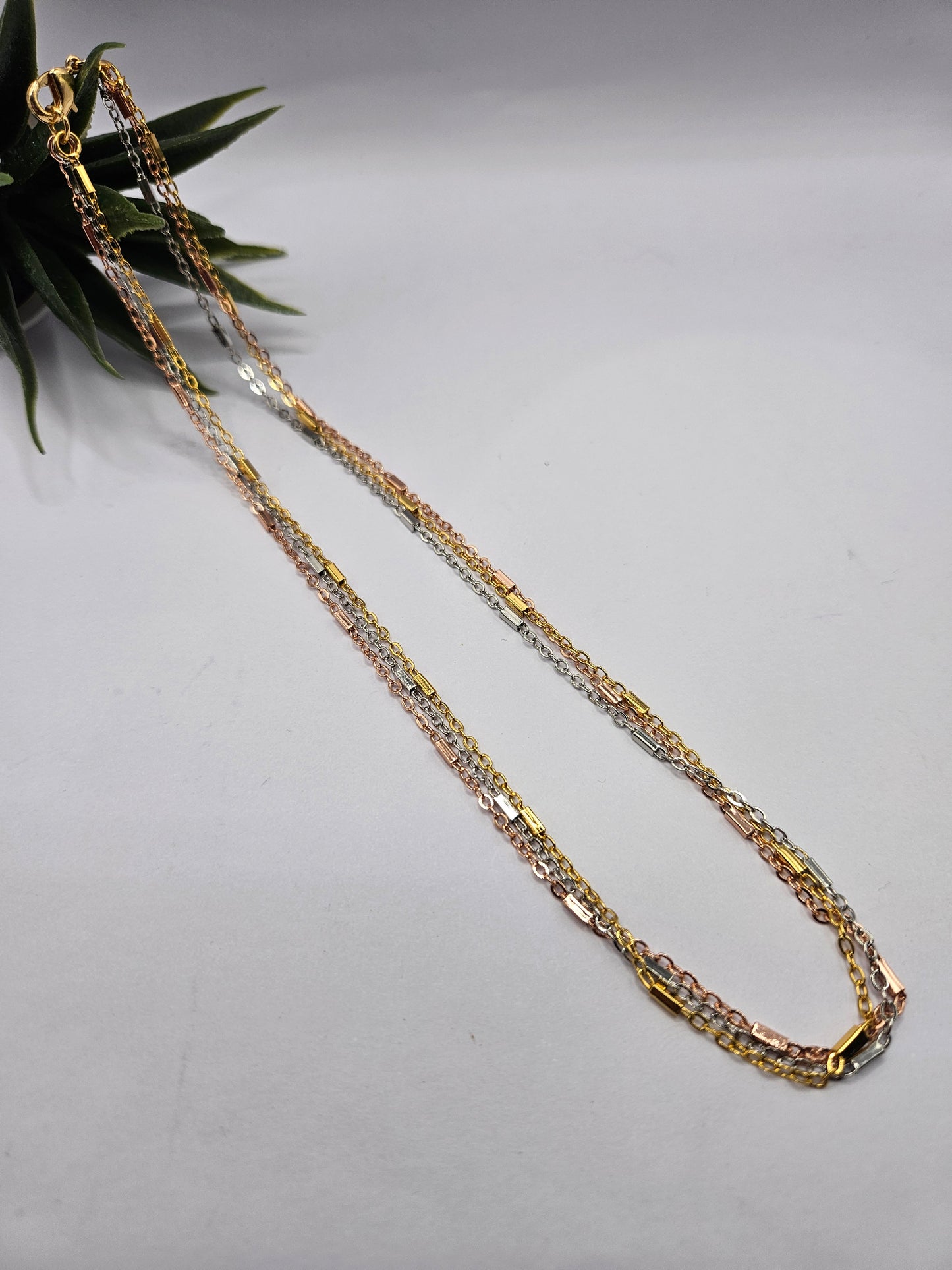 3 in 1, Tri-Tone Layered Chain Necklace – Gold, Silver & Rose Gold