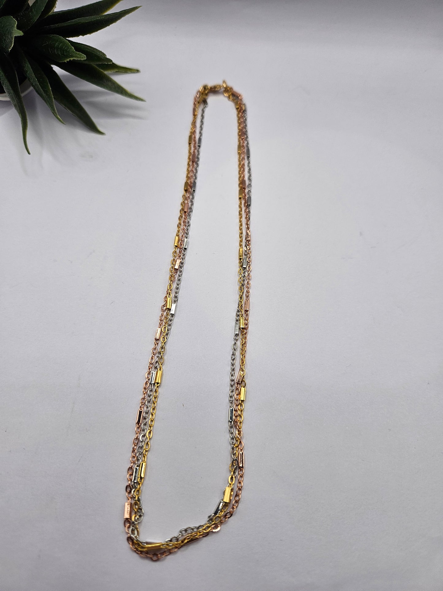 3 in 1, Tri-Tone Layered Chain Necklace – Gold, Silver & Rose Gold